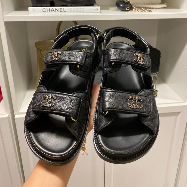 Chanel Leather CC 'Dad' Sandals (Black/Gold)