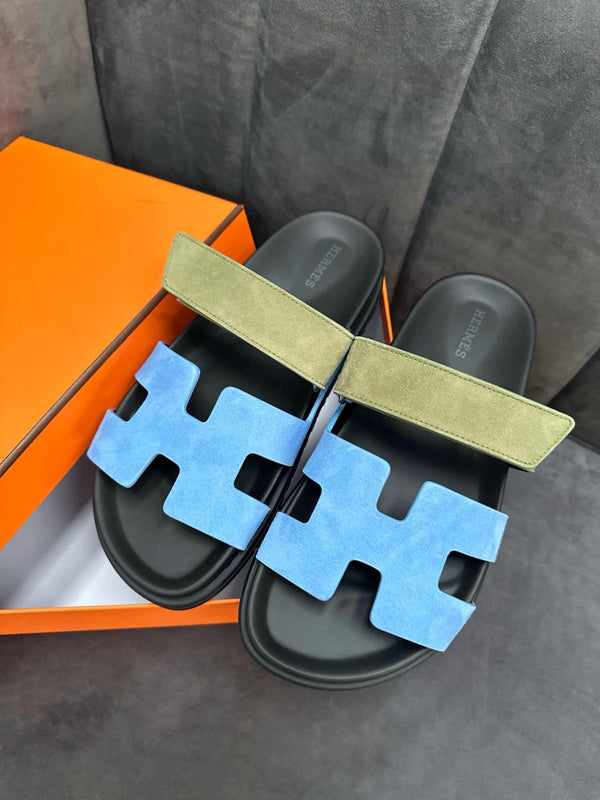 Hermès Chypre Suede Sandals (Bleu Cameo / Vert Celadon)