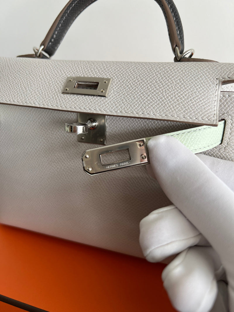 Hermès Mini Kelly 20 Gris Pale / Vert Fizz / Graphite Epsom PHW