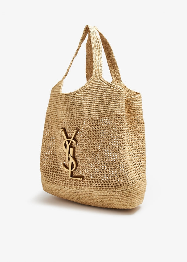 Saint Laurent Unlined Natural Raffia Large Tote - Luxury Summer Beach Bag with YSL Logo