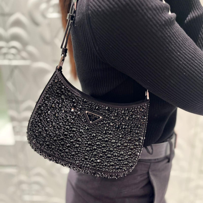 Prada Cleo Satin Bag With Appliqués Crystals (Black)