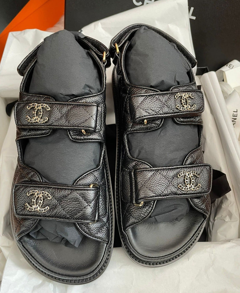 Chanel Leather CC 'Dad' Sandals (Black/Gold)