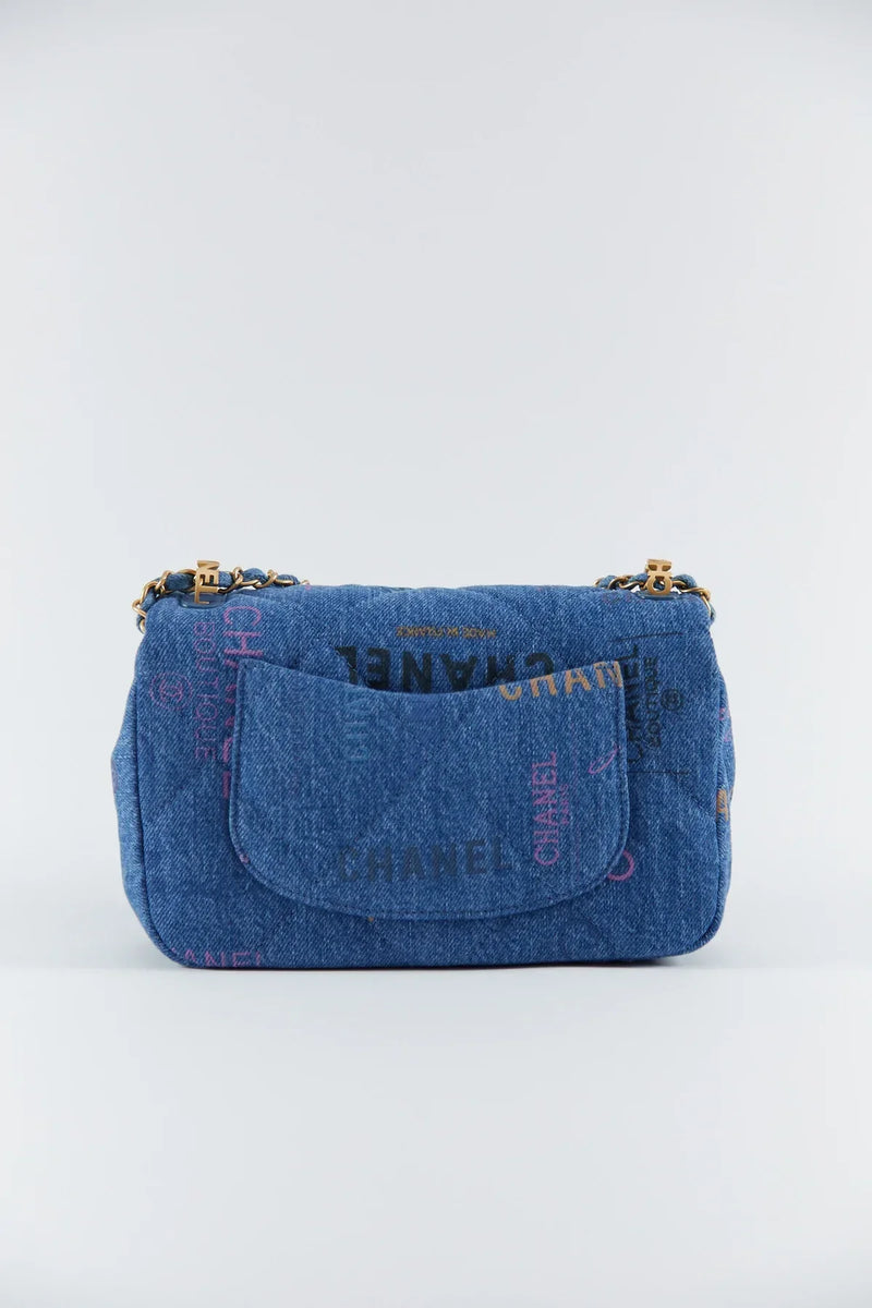Chanel Mini Denim Rectangle Signature Print Flap Bag